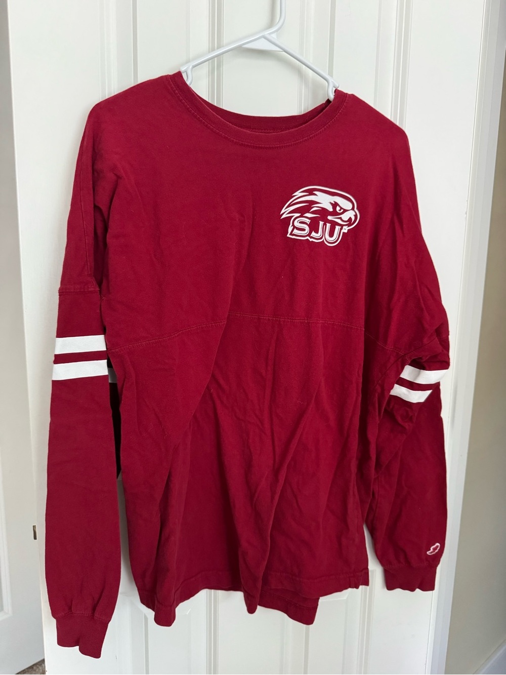 League Red SJU Crewneck Tee with White Interior Logo Print